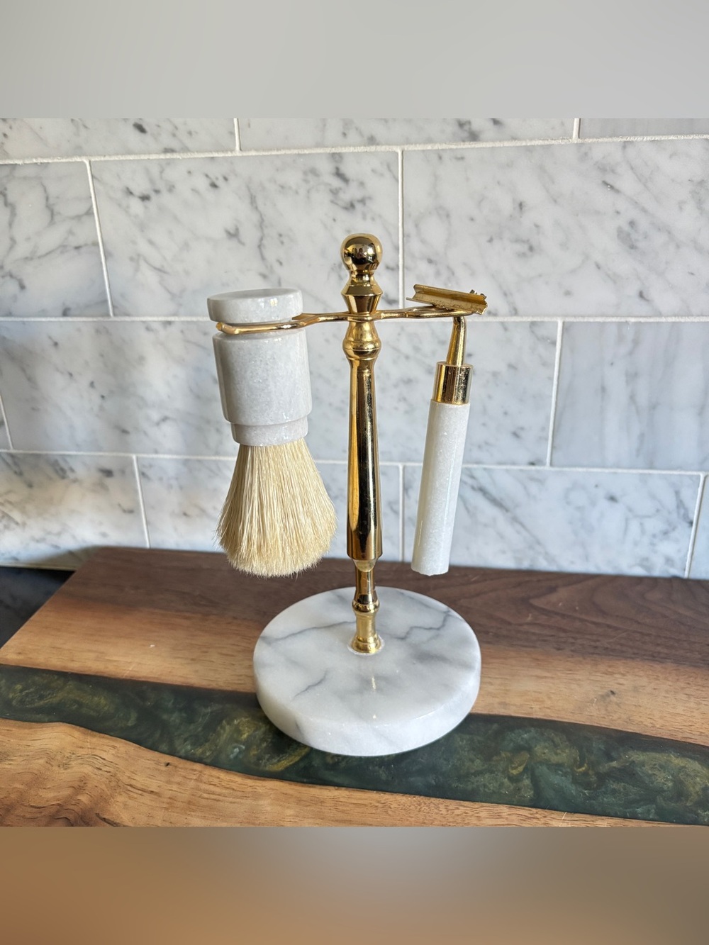 Vintage Brass Shaving Set with Marble and Brass Stand, Brush and Razor